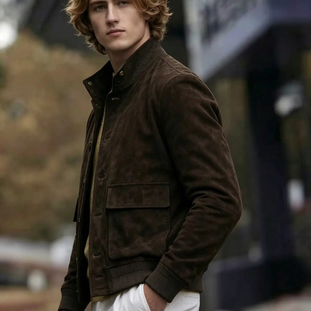 Giacca bomber da uomo in camoscio color cioccolato con collo alto