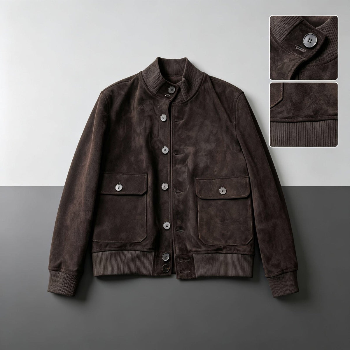 Giacca bomber da uomo in camoscio color cioccolato con collo alto