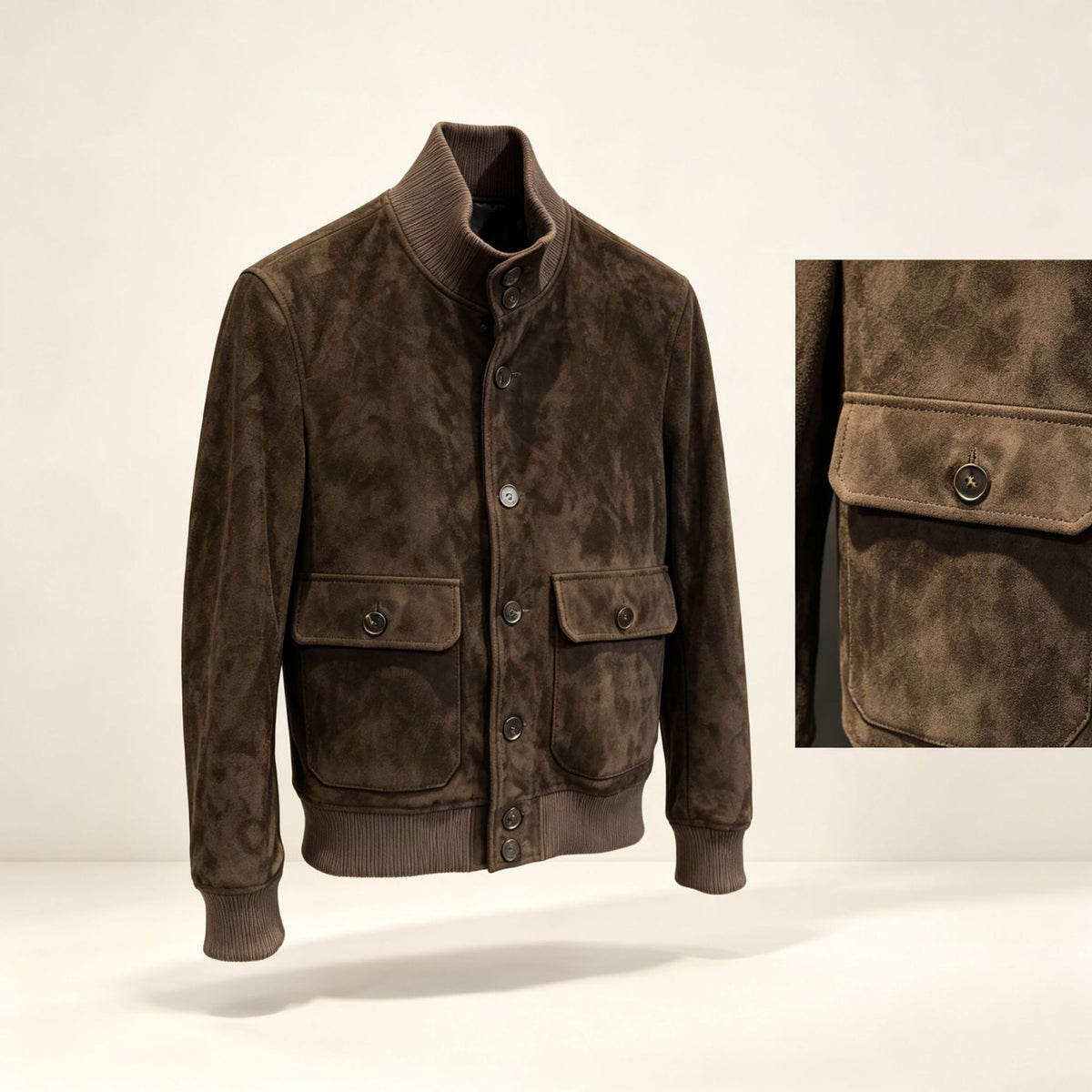 Giacca bomber da uomo in camoscio color cioccolato con collo alto