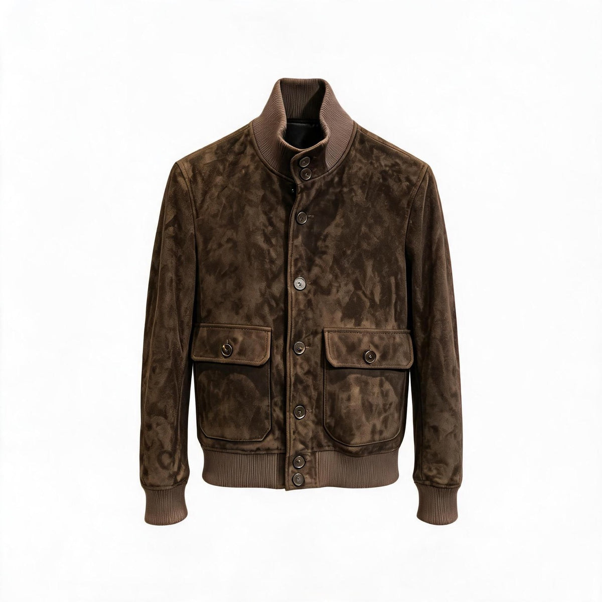 Giacca bomber da uomo in camoscio color cioccolato con collo alto