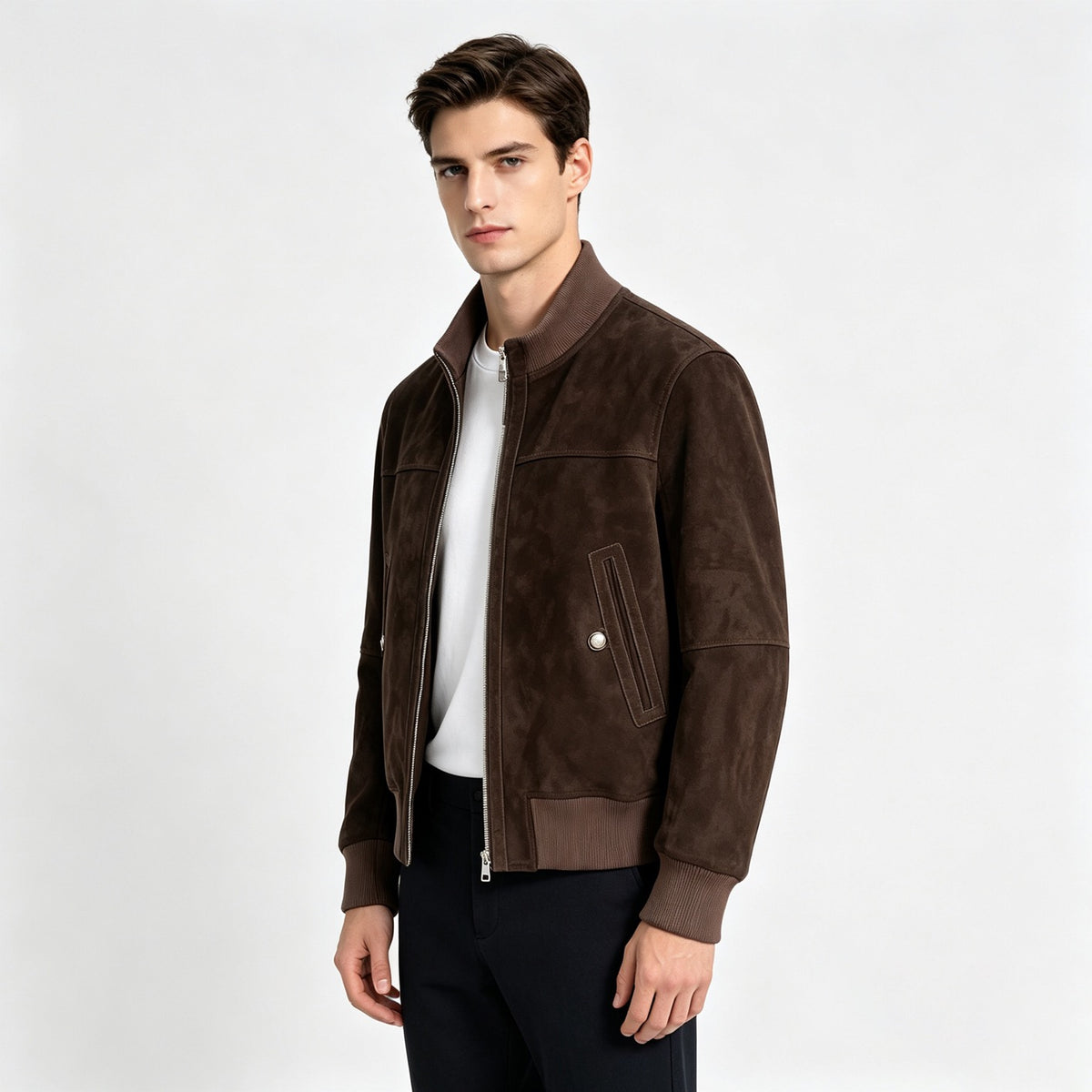 Giacca bomber da uomo in pelle scamosciata con zip, color cuoio e marrone scuro, di Rossie Viren, dal design classico ed elegante.