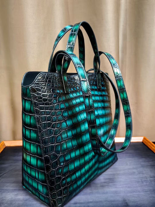Borsa shopper business vintage in pelle di coccodrillo per laptop