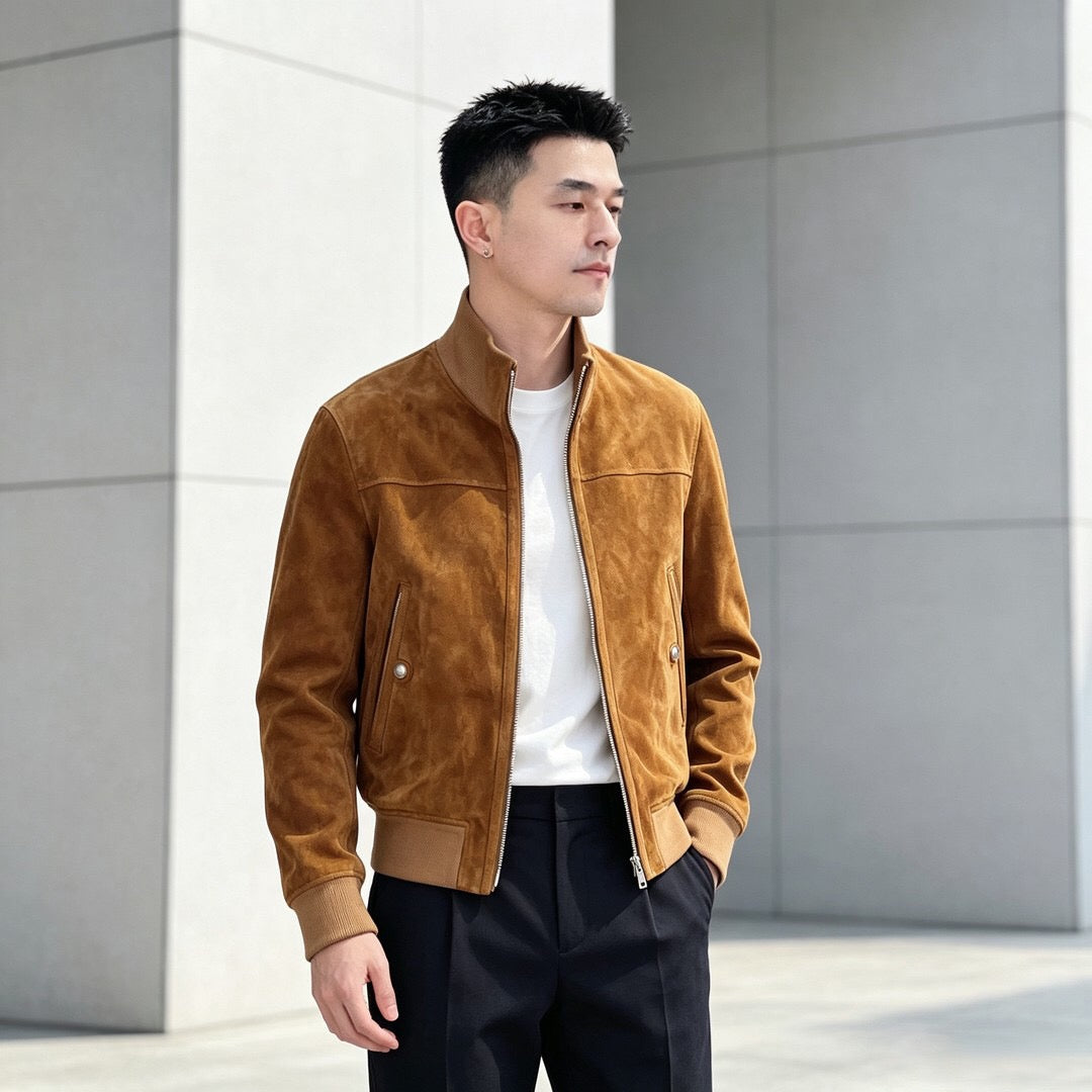 Giacca bomber da uomo in pelle scamosciata, con zip, color cammello e marrone scuro, polsini e colletto a coste, dallo stile casual ed elegante, di Rossie Viren.