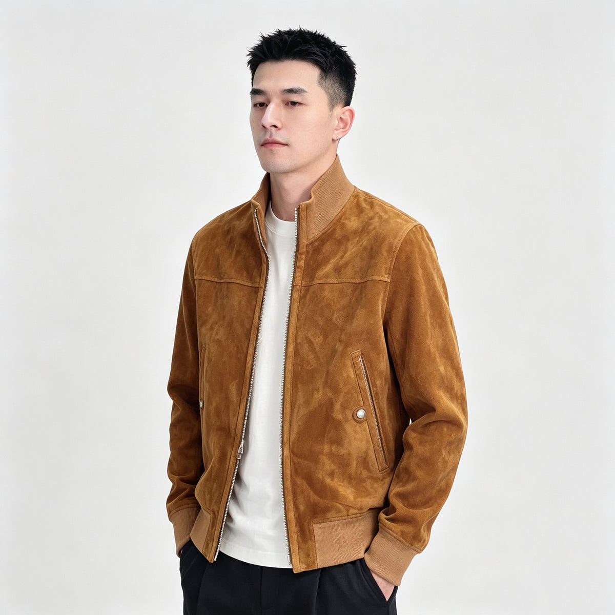 Giacca bomber da uomo in pelle scamosciata, con zip, color cammello e marrone scuro, casual ed elegante, di Rossie Viren.