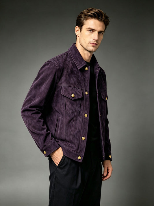 Mens's Suede Leather Tracker Jacket In Deep Purple