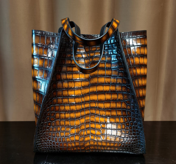 Crocodile Leather Large Shopper Tote Bag Vintage Brown
