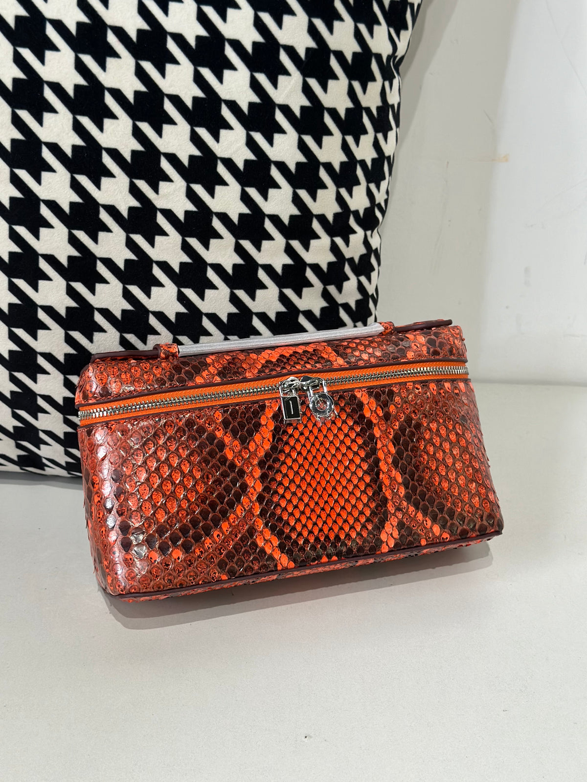 Genuine Python Skin Leather Zipper Cosmetic Handle Bag