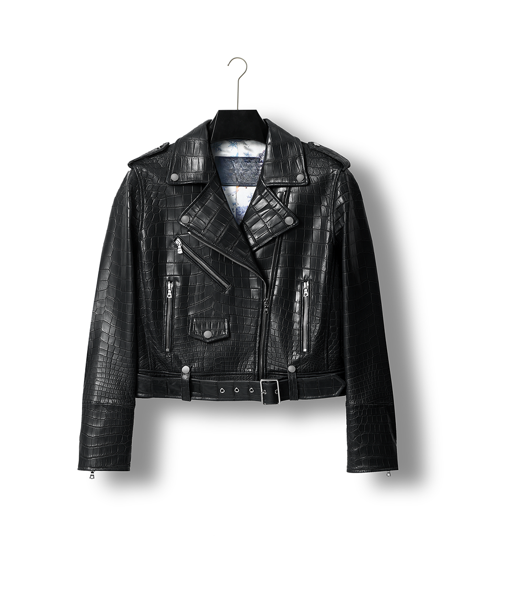 Womens Crocodile Leather BIiker Perfecto Jacket Black