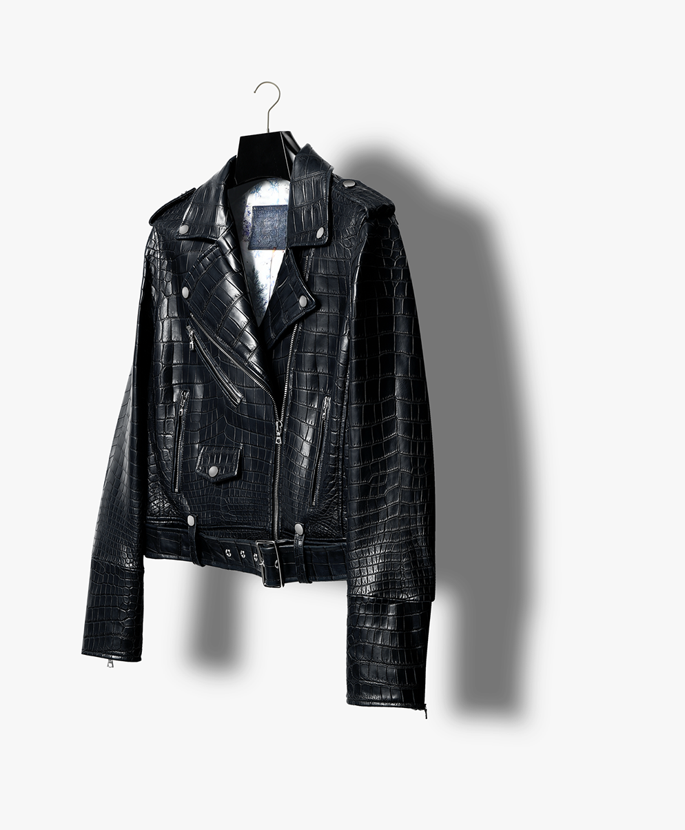 Womens Crocodile Leather BIiker Perfecto Jacket Black