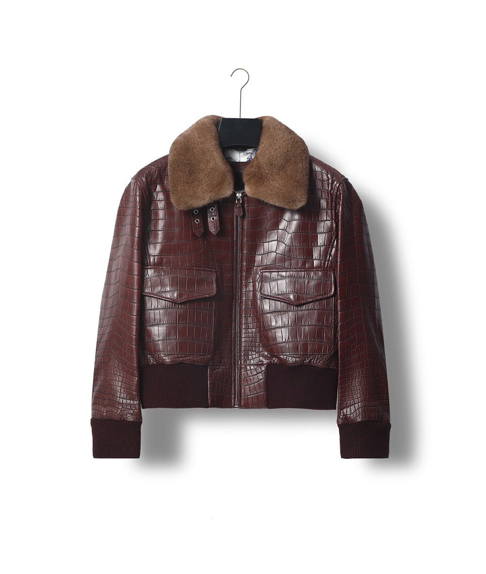 Giacca biker unisex in pelle di coccodrillo con colletto in pelliccia verde menta rimovibile