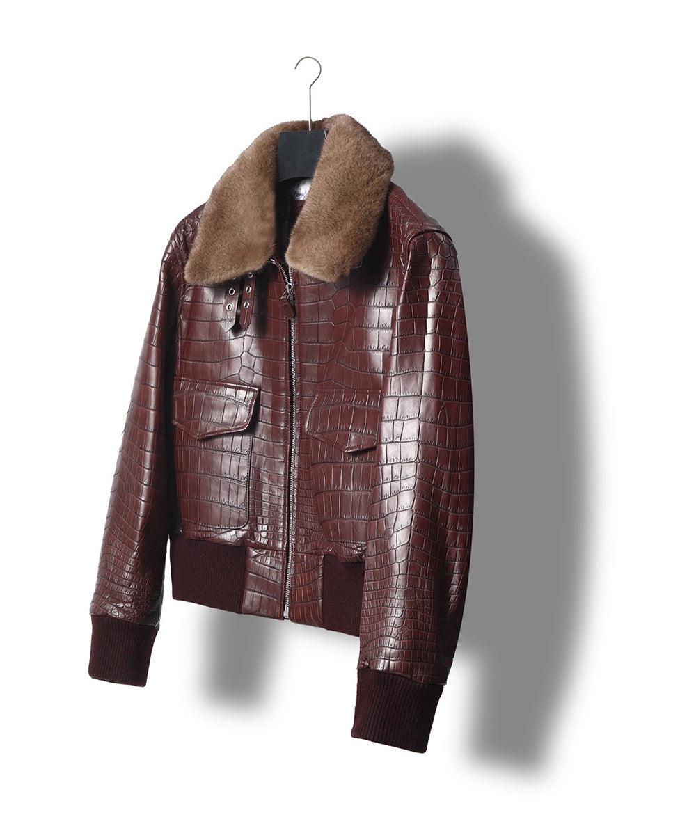 Giacca unisex in pelle effetto coccodrillo con colletto in pelliccia menta rimovibile, giacca biker
