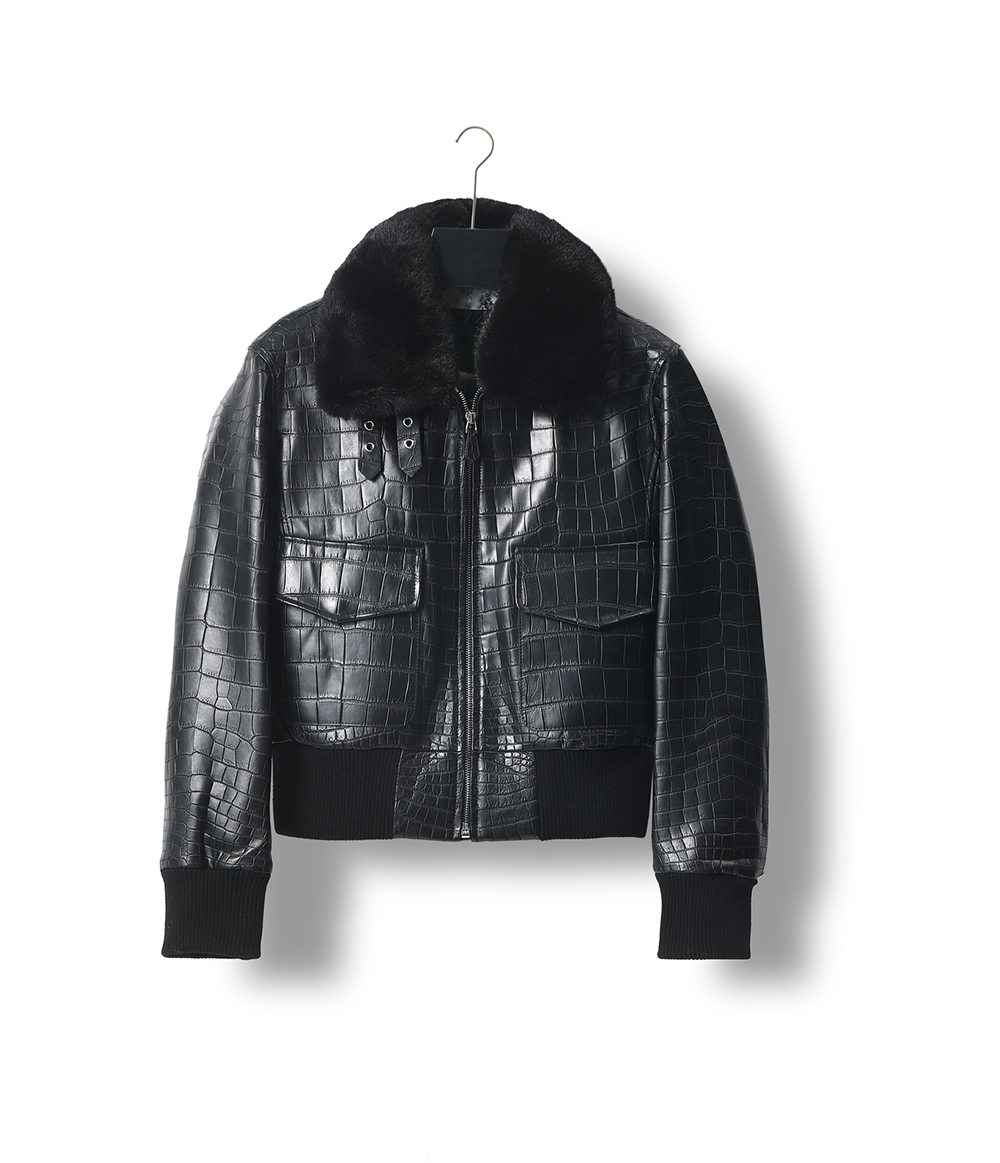 alt
Giacca biker unisex in pelle effetto coccodrillo con colletto in pelliccia menta removibile
