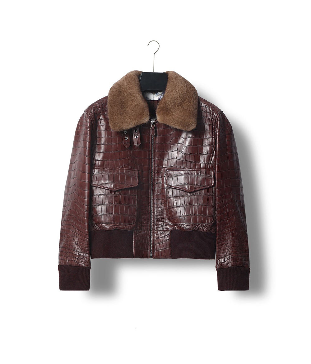 Giacca biker unisex in pelle stampa coccodrillo con colletto rimovibile in pelliccia menta