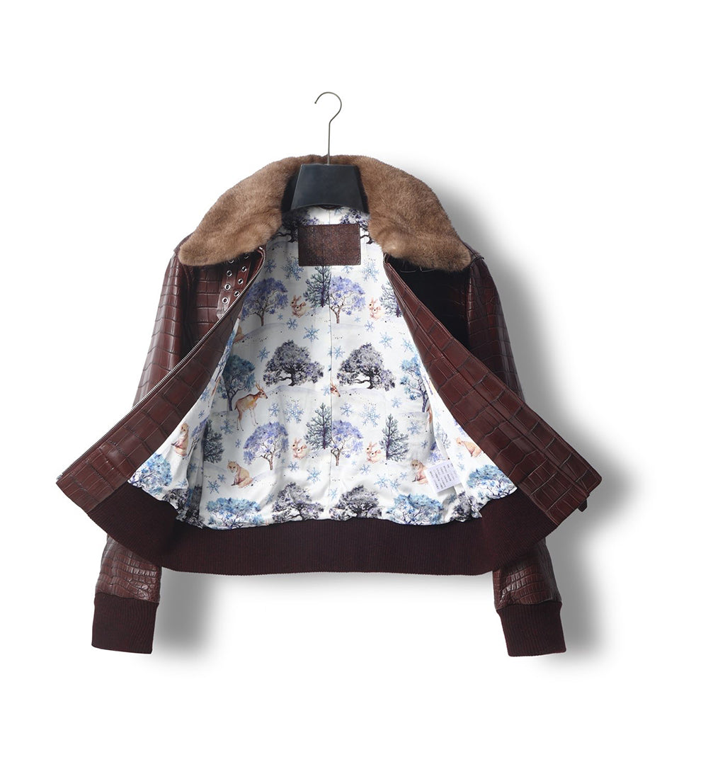 alt
Giacca in pelle unisex effetto pelle di coccodrillo con colletto in pelliccia color menta rimovibile, giacca biker