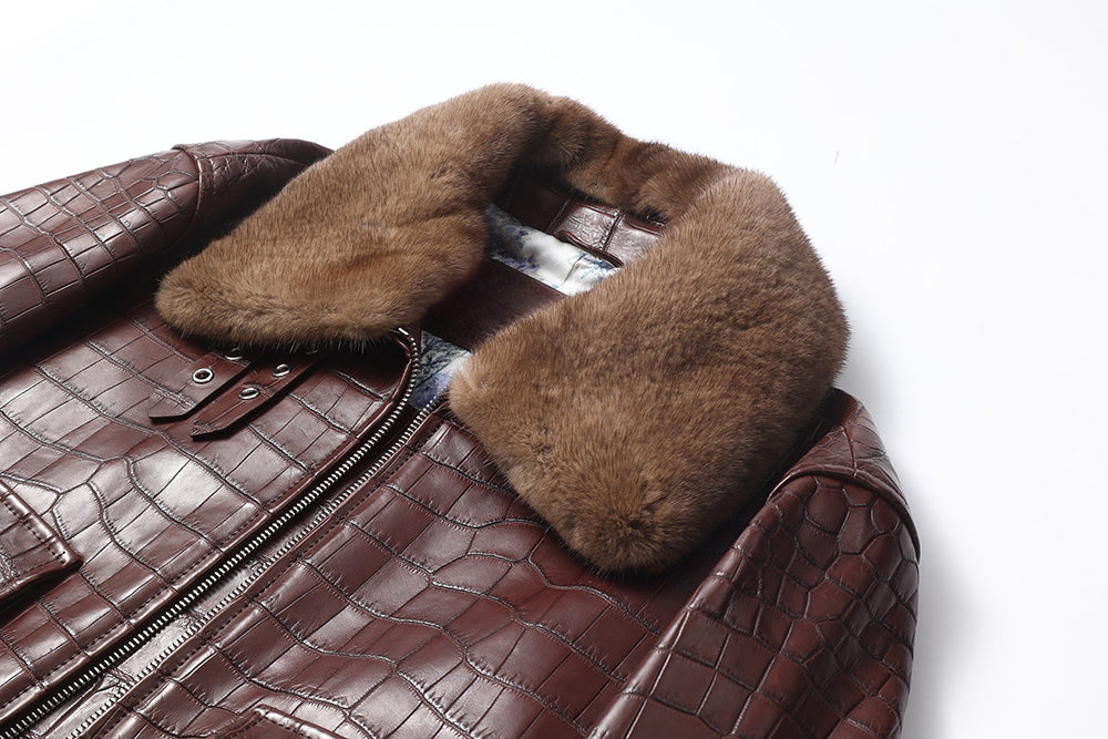alt
Giacca unisex in pelle effetto pelle di coccodrillo con colletto in pelliccia menta rimovibile, giacche biker