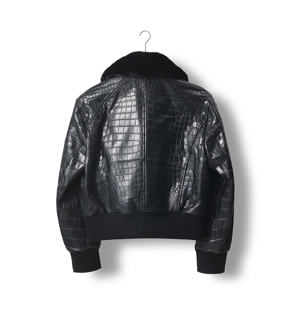 Giacca unisex in pelle effetto coccodrillo con colletto rimovibile in pelliccia menta da biker
