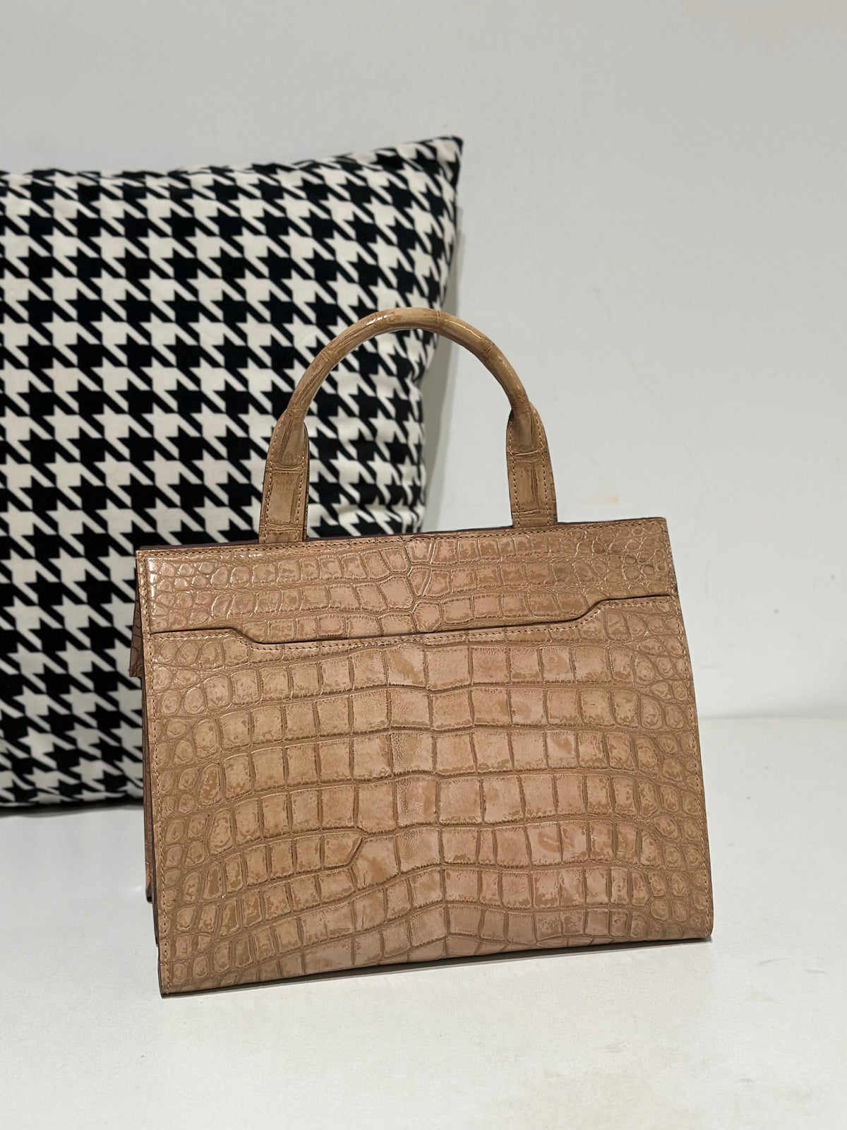 Crocodile Leather Top Handle Bag Beige