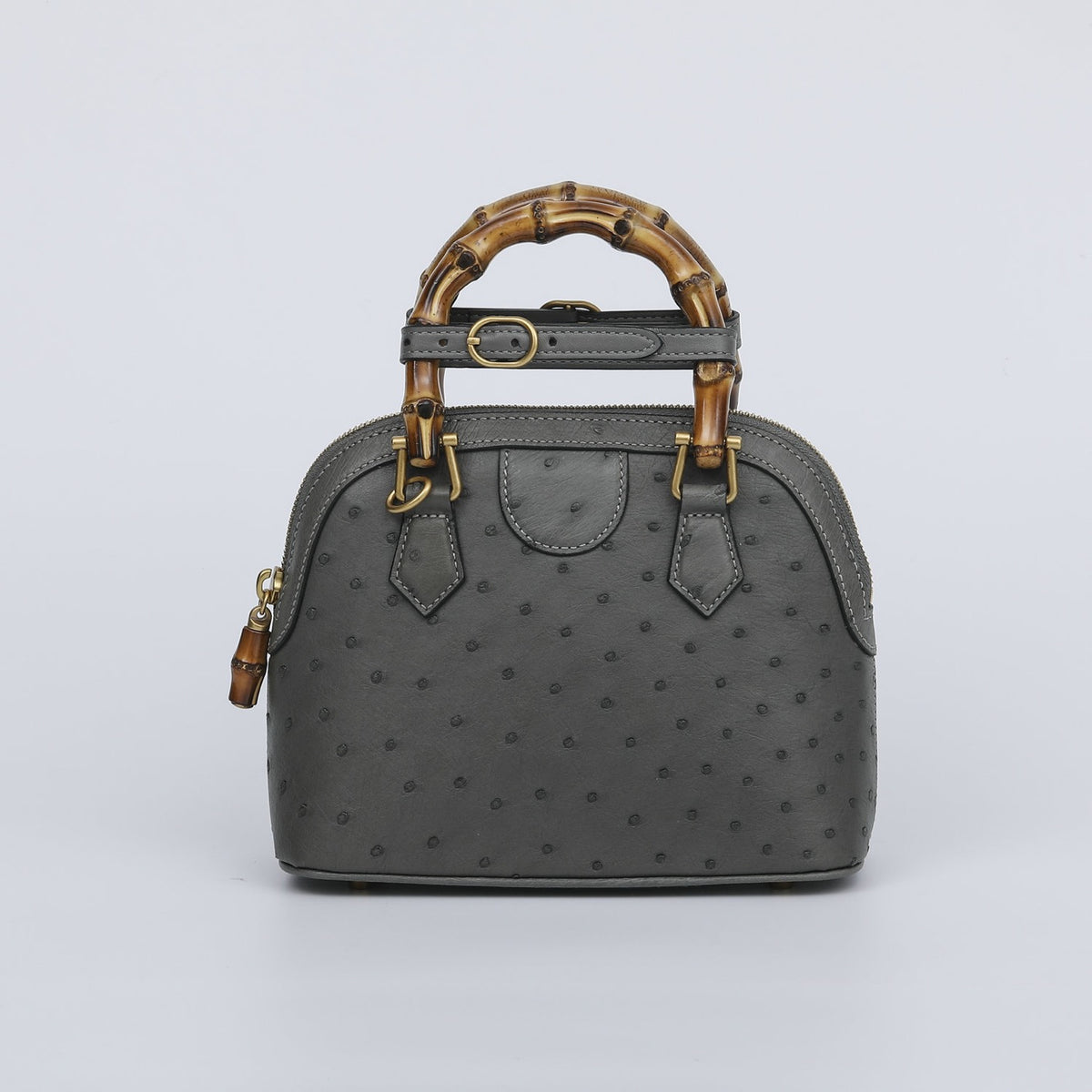 Ostrich Leather Mini Shell Bag Bamboo Handle Top Handle Cross Body Handbag