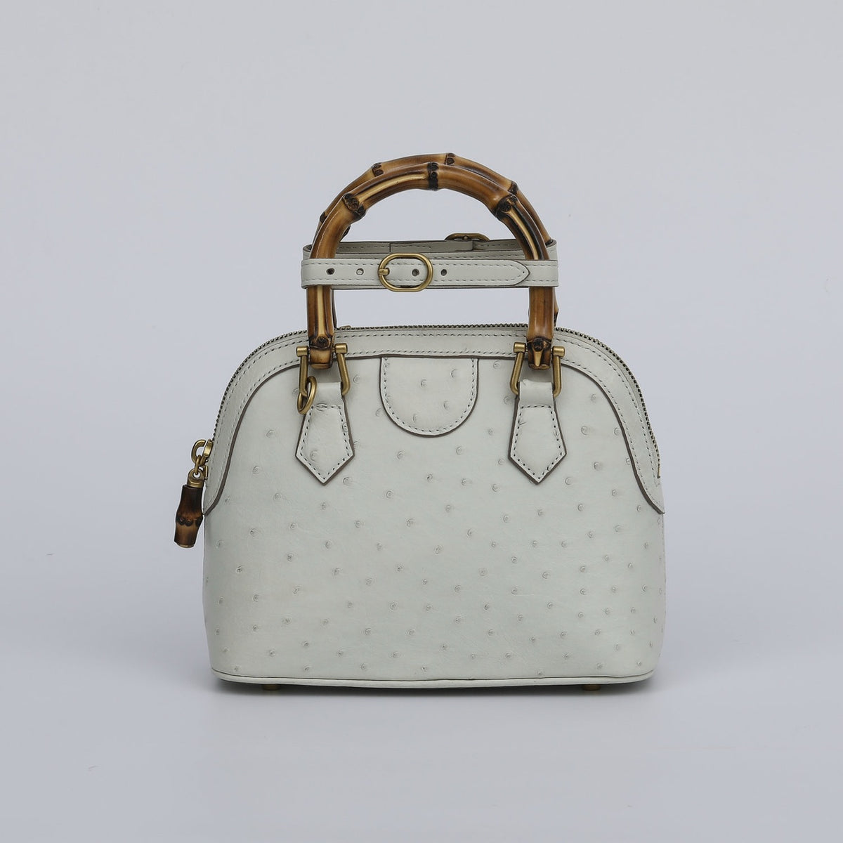 Ostrich Leather Mini Shell Bag Bamboo Handle Top Handle Cross Body Handbag