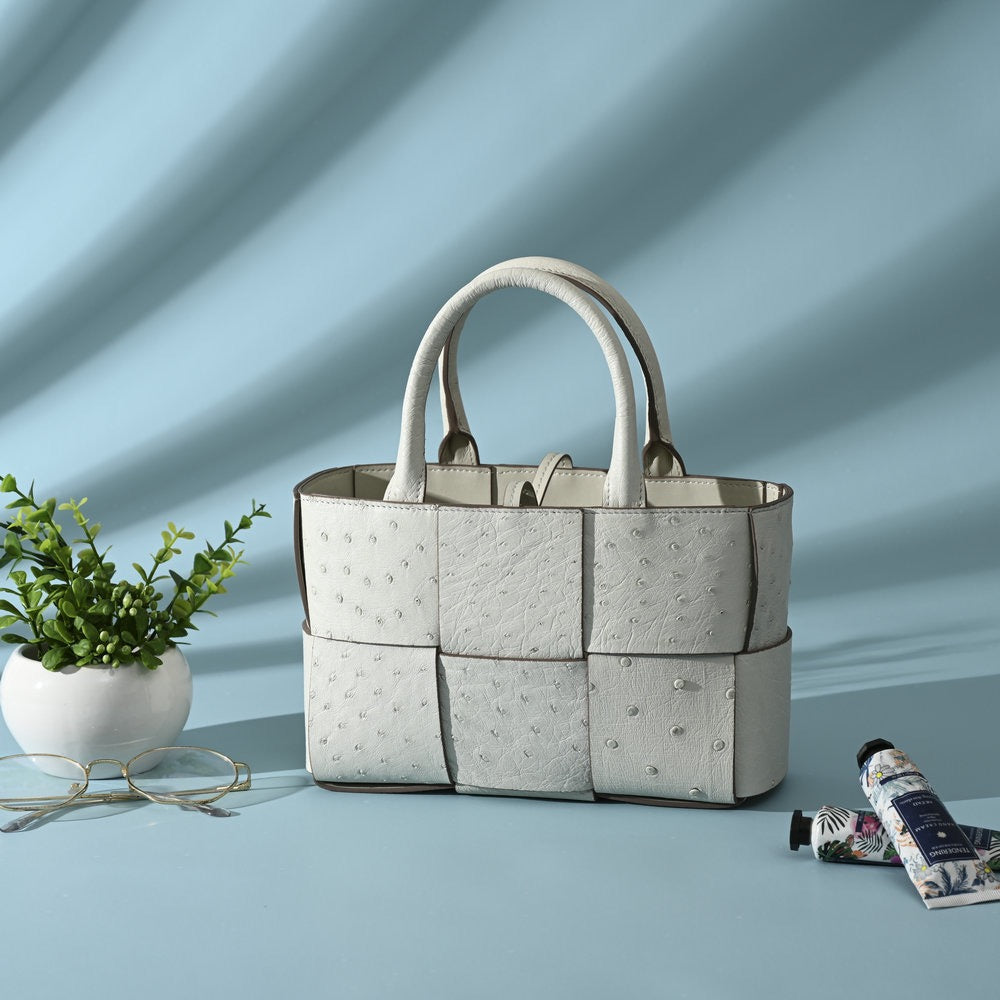 Genuine Ostrich Leather Mini Woven Satchel Top Handle Bag