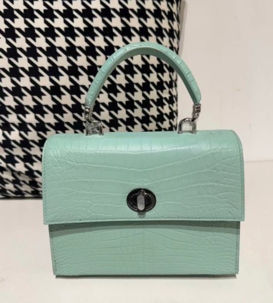 Borsa con manico superiore in pelle di coccodrillo verde