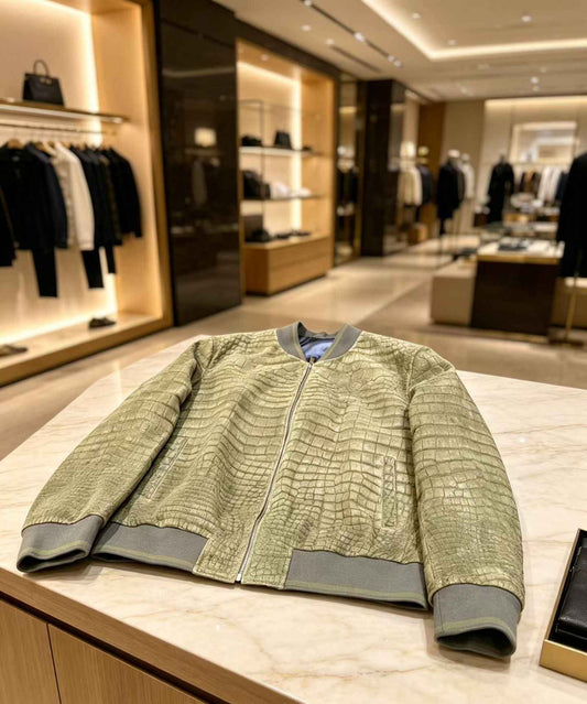 Giacca da uomo in nubuck verde oliva effetto pelle di coccodrillo