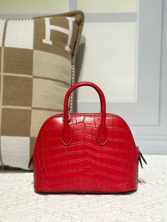 alt
Borsa mini bowling con manico superiore in vera pelle di coccodrillo rossa