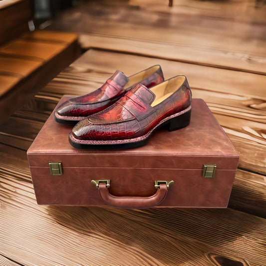 Scarpe in coccodrillo, scarpe da uomo in coccodrillo, mocassini slip-on da uomo in pelle di coccodrillo vintage norvegese rosso vino