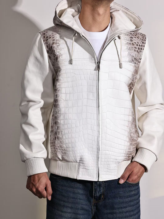 alt
Giacca con cappuccio da uomo in pelle di coccodrillo himalayano premium, vera pelle di agnello himalayano
