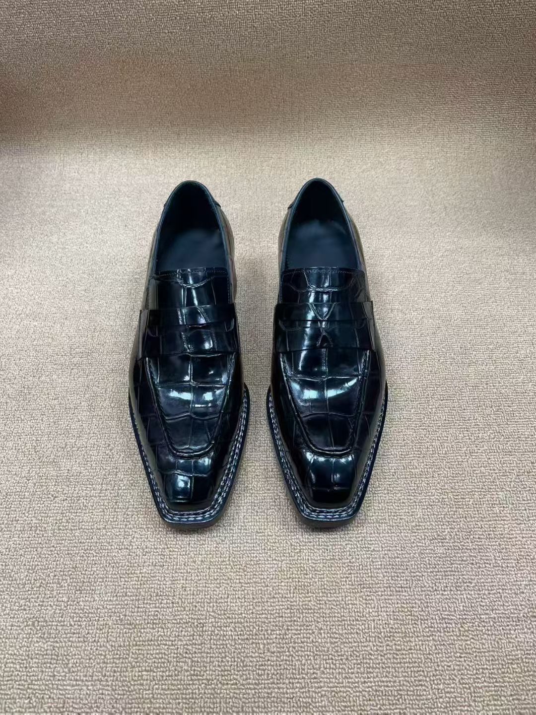 Preorder Crocodile Shoes Black Crocodile Leather Norwegian Sewn Dress Loafer Shoes