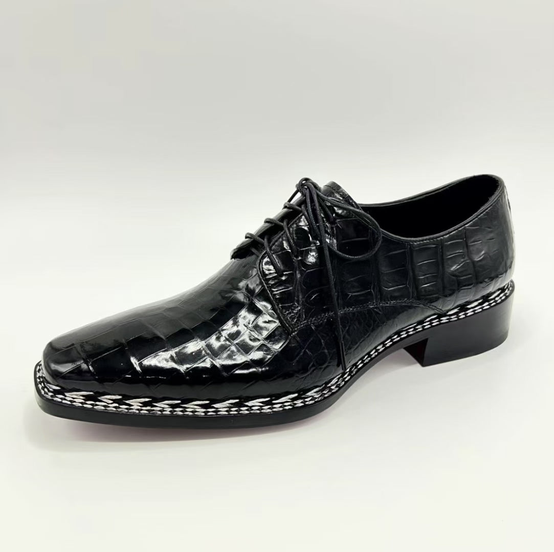 Scarpe da coccodrillo, scarpe stringate nere da uomo in pelle di coccodrillo cucite alla norvegese