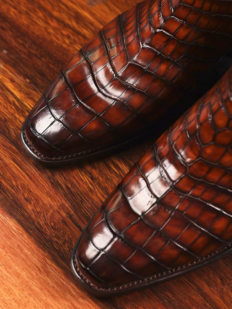 Stivali in pelle di coccodrillo, stivaletti Chelsea da uomo in pelle di coccodrillo marrone brunito