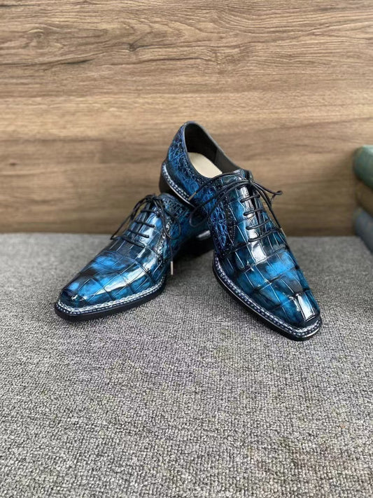 alt
Scarpe da coccodrillo, scarpe stringate vintage blu da uomo cucite in stile norvegese