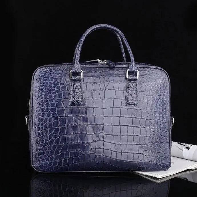 Borsa ventiquattrore da uomo in vera pelle di coccodrillo blu scuro