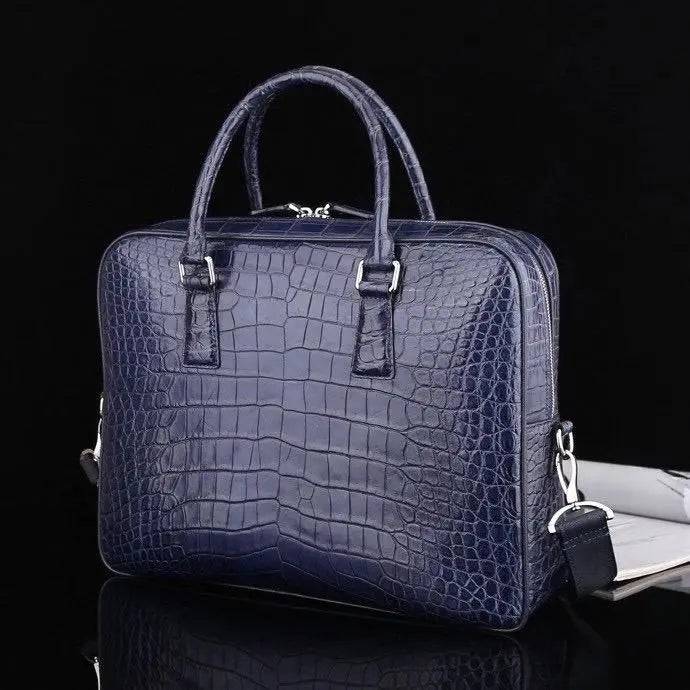 Borsa ventiquattrore da uomo in vera pelle di coccodrillo blu scuro