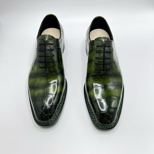 Scarpe da coccodrillo, scarpe da uomo vintage verdi in pelle di coccodrillo, allacciate e cucite in stile norvegese
