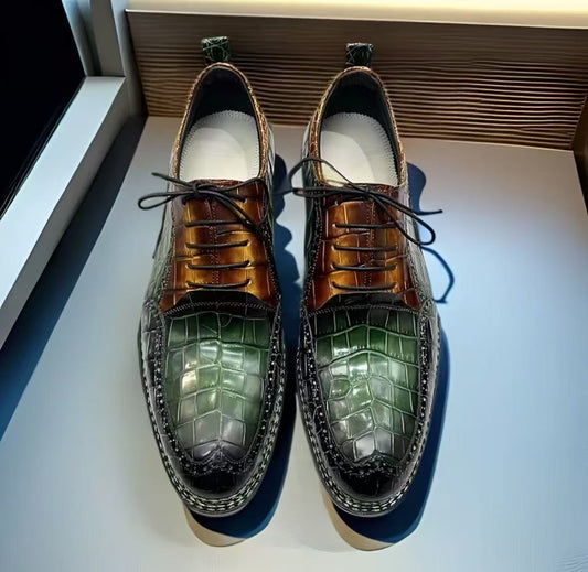 alt
Scarpe Crocodile, scarpe stringate da uomo vintage verde/cuoio con cucitura norvegese a contrasto