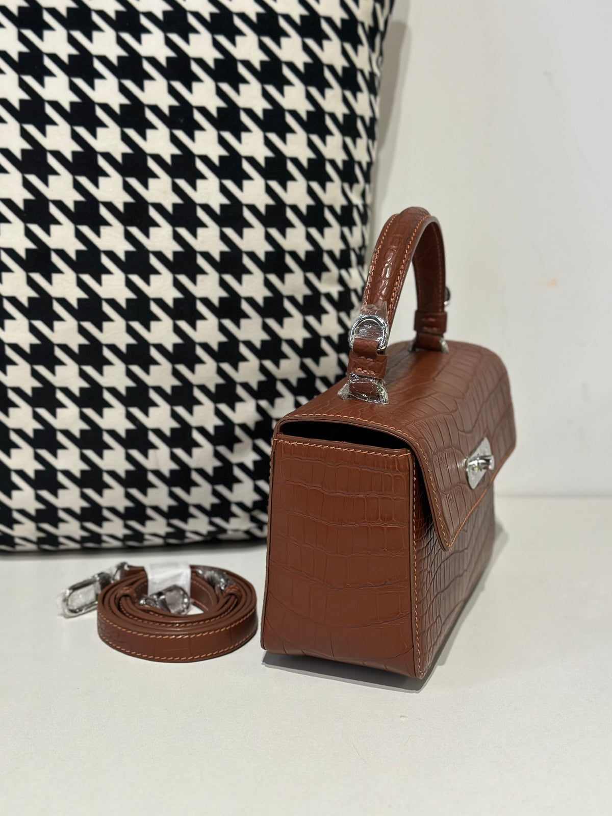 Crocodile Leather Top Handle Cross Body Bag Tan