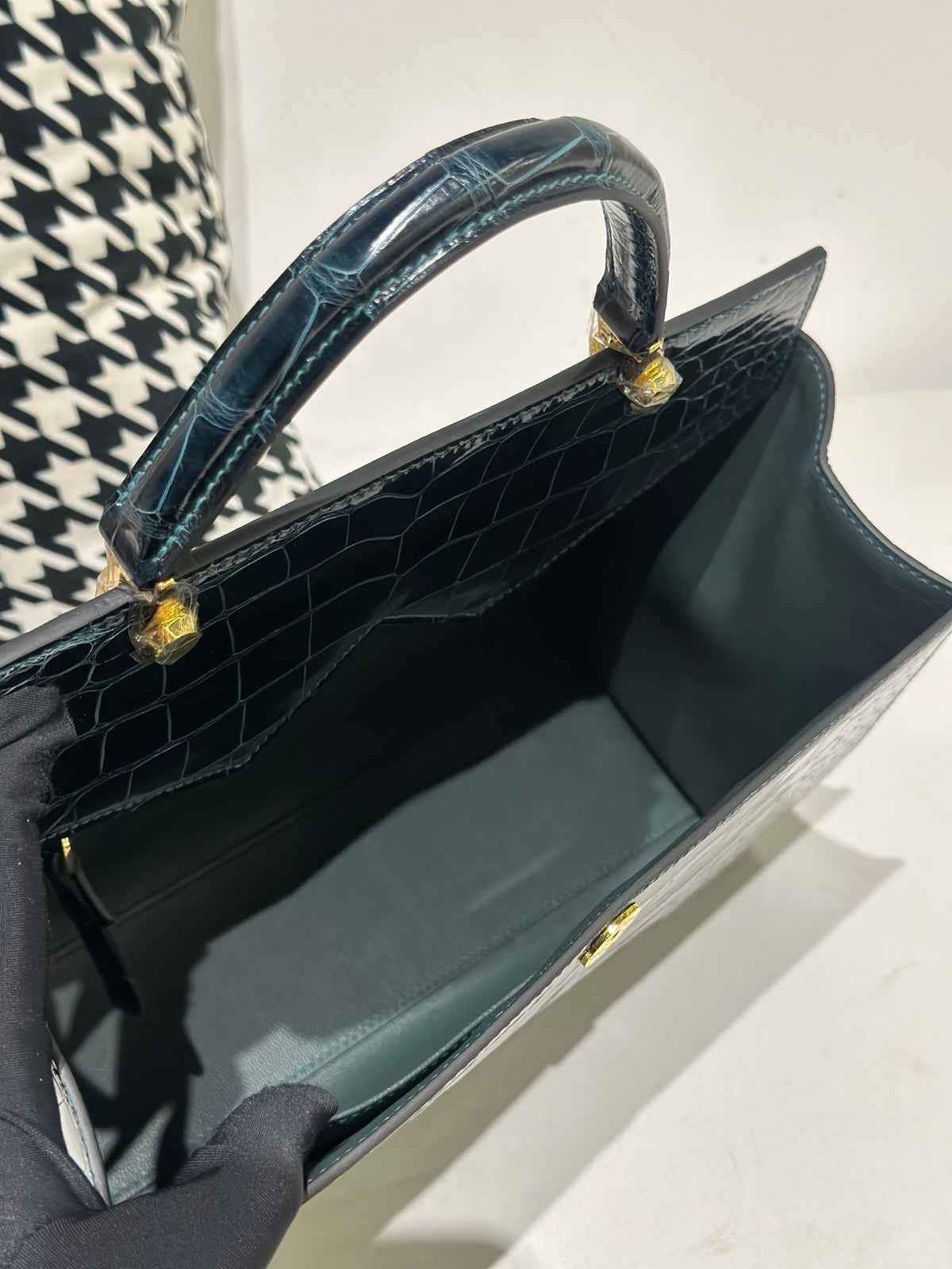 Crocodile Leather Top Handle Bag Dark Green