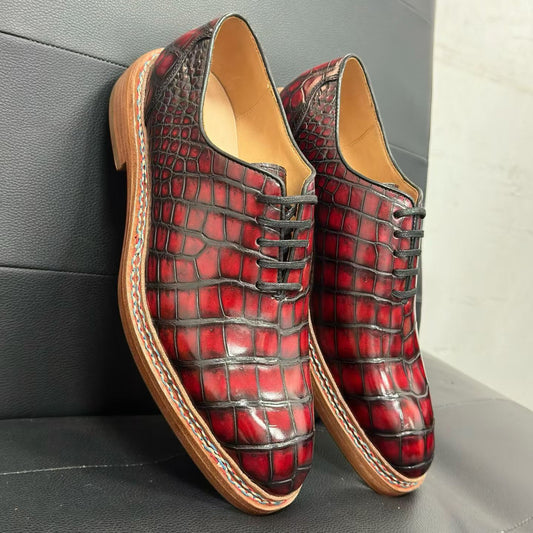 Scarpe da uomo vintage in pelle di coccodrillo con lacci, eleganti