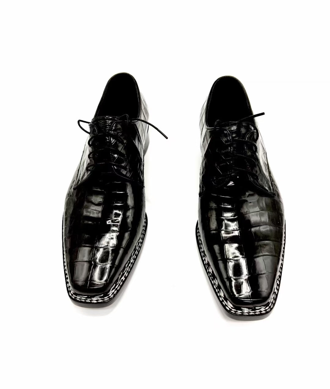 Scarpe in pelle di coccodrillo, scarpe stringate nere da uomo con cucitura norvegese