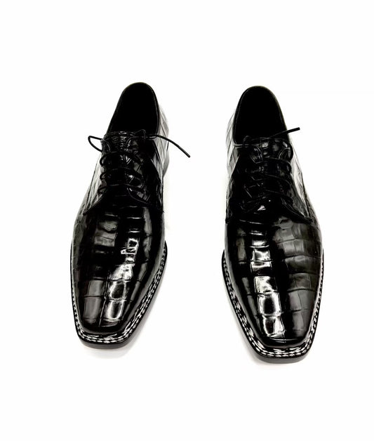Scarpe in pelle di coccodrillo, scarpe stringate nere da uomo con cucitura norvegese