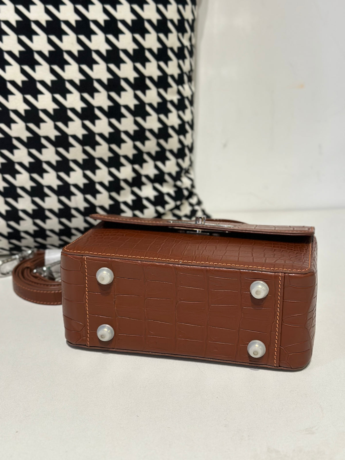 Crocodile Leather Top Handle Cross Body Bag Tan