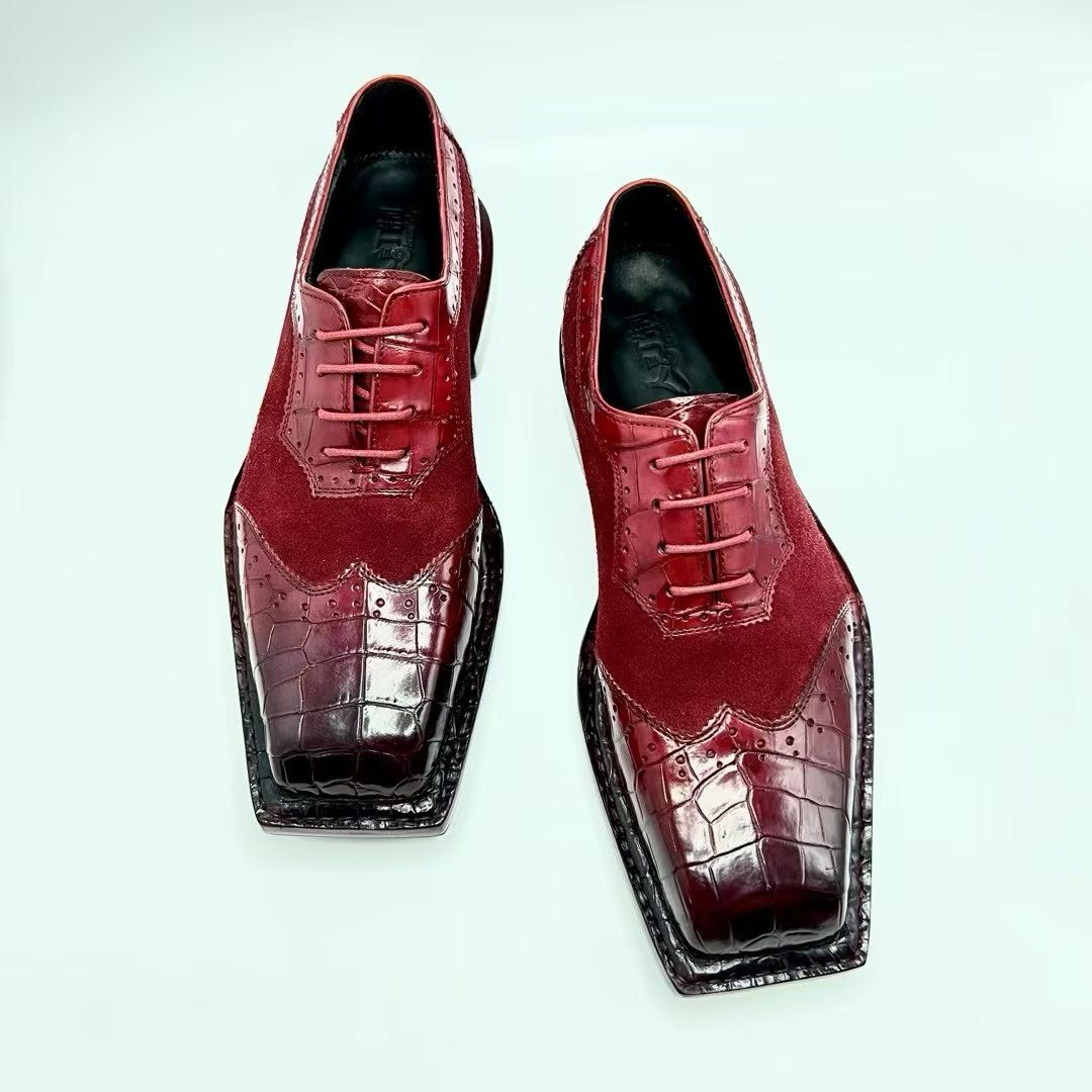 Genuine Crocodile Leather Square-Toe Classic Lace -Up Dress Shoes Wine Red & Vintage Tan