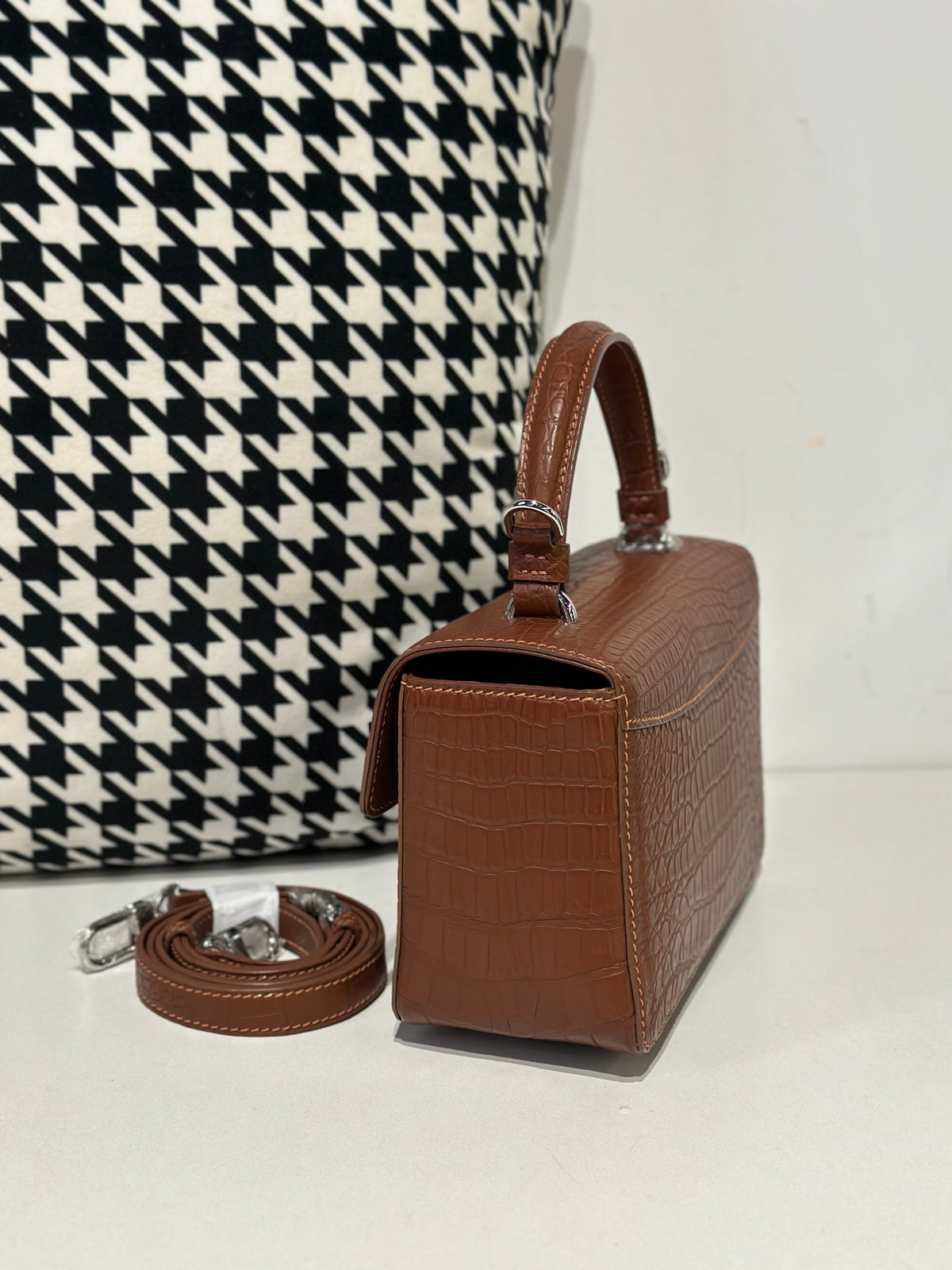 Crocodile Leather Top Handle Cross Body Bag Tan