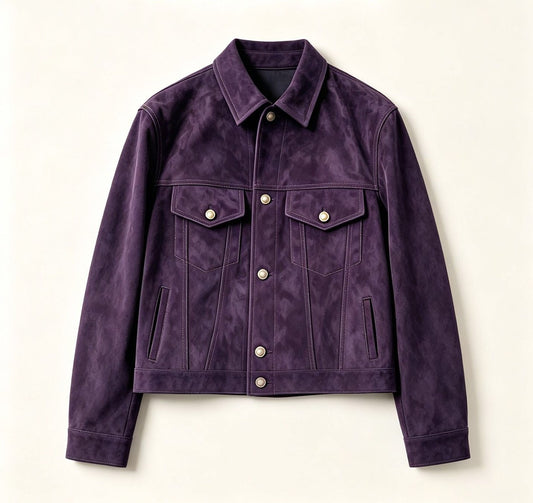 Giacca tracker da uomo in pelle scamosciata viola intenso di Rossie Viren, dalla vestibilità elegante e sartoriale, con cuciture dettagliate.