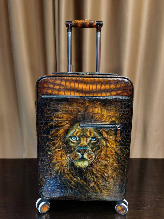 Retro Brown Crocodile Leather Trolley/Roll Aboard Suitcase Weekend/Travel Bag Trolley Case Universal Wheels 20-Inch With Hand Painting