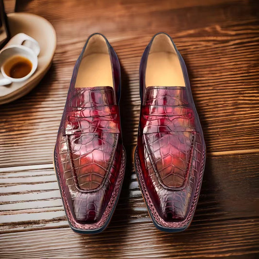 Scarpe in coccodrillo, scarpe da uomo in coccodrillo, mocassini slip-on da uomo in pelle di coccodrillo vintage norvegese rosso vino