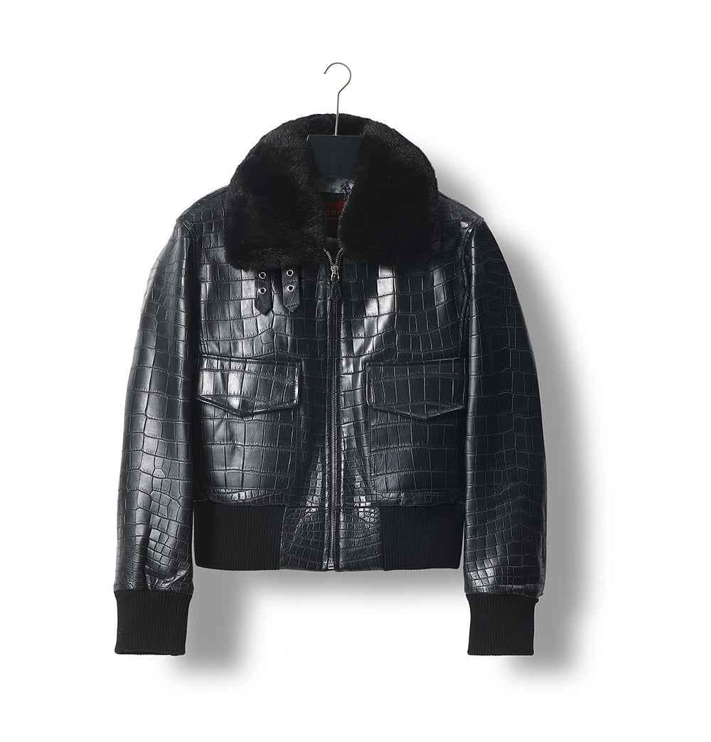 alt
Giacca in pelle unisex effetto pelle di coccodrillo con colletto in pelliccia color menta rimovibile, giacca biker