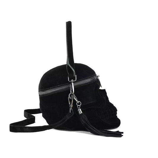 Borsa a tracolla mini con teschio 3D in camoscio nero, borsa a mano con manico